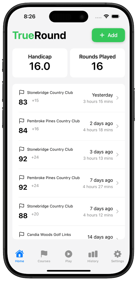 Home page of the TrueRound iOS app with multiple golf rounds shown in a list