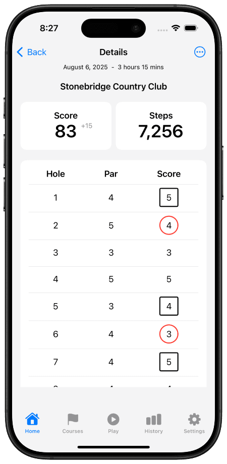 TrueRound iOS app showing a golf round with activity and score data